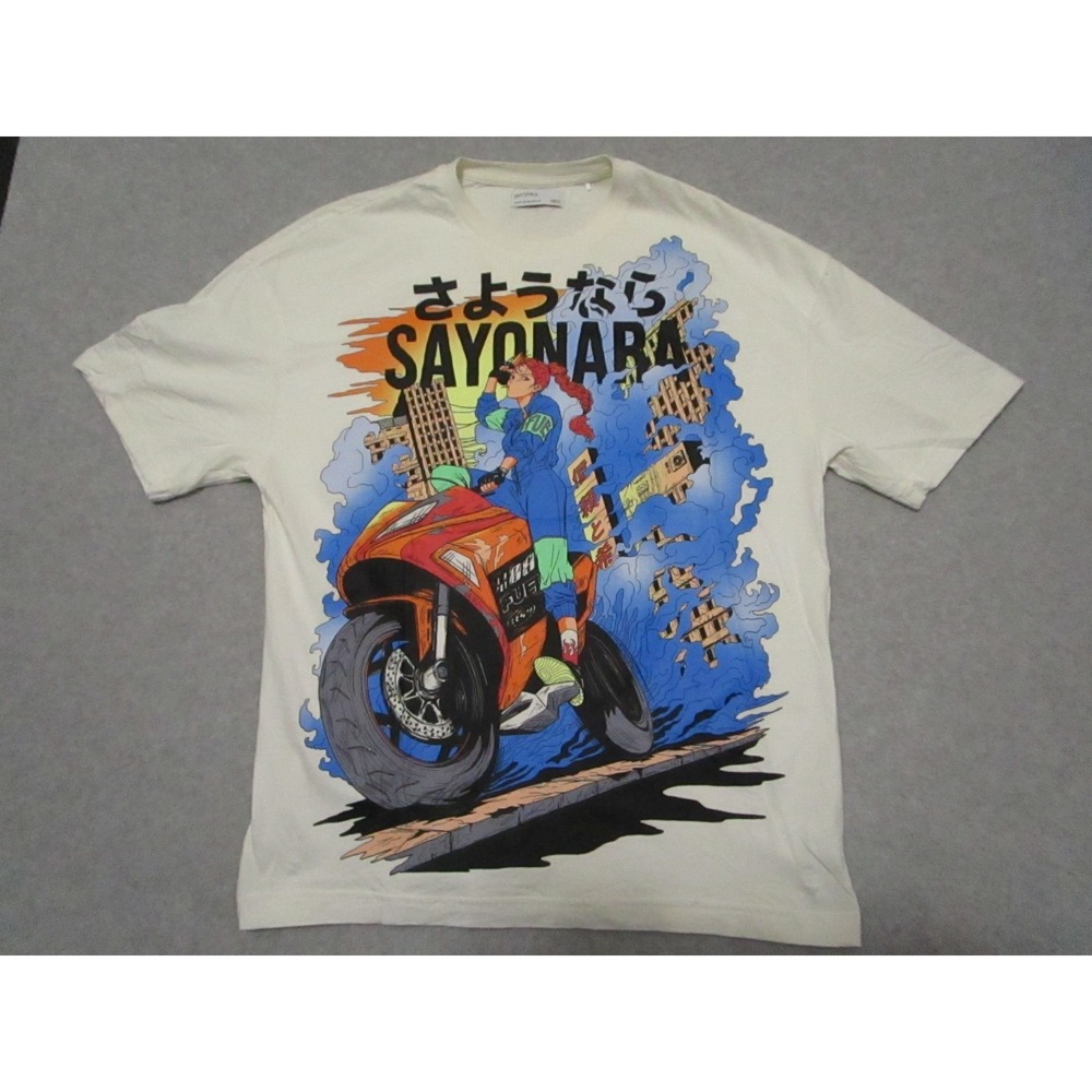 Bershka Shirt Mens Medium M White Cream Sayonara Anime Girl Motorcycle Japanese